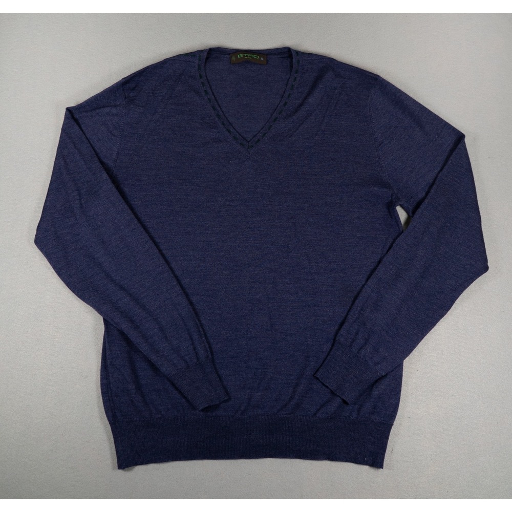 Etro Mens V-Neck Sweater Wool Silk Blend Made in Italy Navy Blue XL Luxury